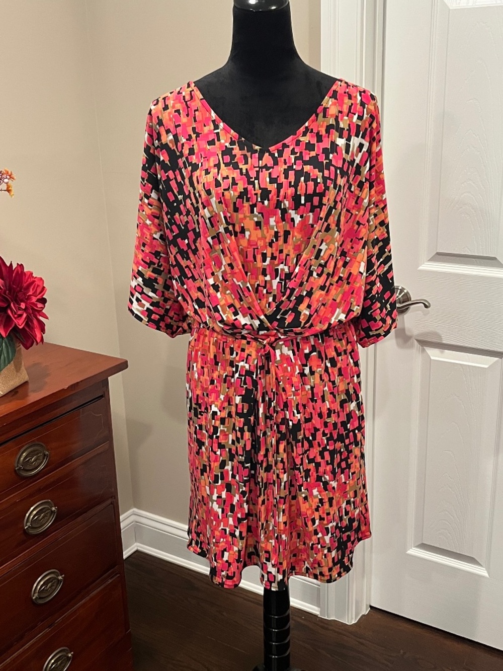 Worthington Geometric Print Cinched Waist Blouson Dress M
